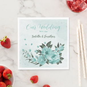 Serviette En Papier fleurs bleues romantiques & feuilles verts