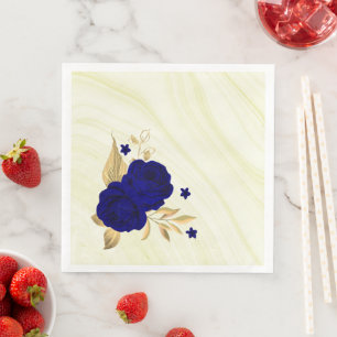 Serviette En Papier fleurs bleues royales or marbre feuille