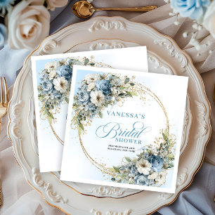 Serviette En Papier Fleurs bohèmes bleu poussiéreux paillettes dorées 