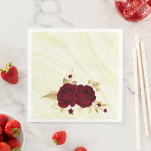 Serviette En Papier fleurs bordeaux or marbre feuille