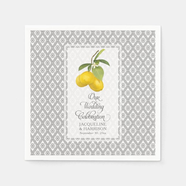 Serviette En Papier Fleurs Citrus citron gris jaune Mariage blanc (Devant)