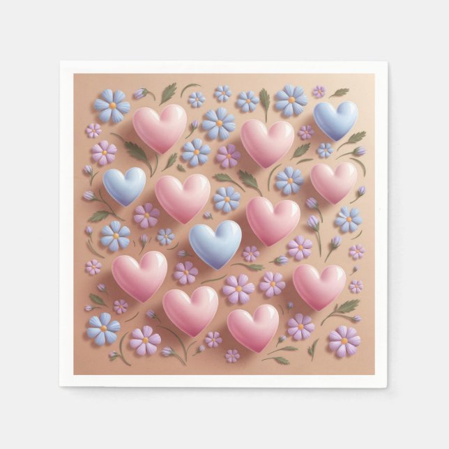 Serviette En Papier Fleurs Coeurs Cocktail serviettes (Devant)