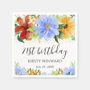 Serviette En Papier Fleurs d'anniversaire rouges jaunes et bleues