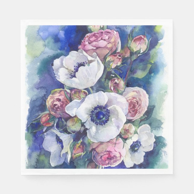 Serviette En Papier Fleurs d'aquarelle anémone roses d'illustration fl (Devant)