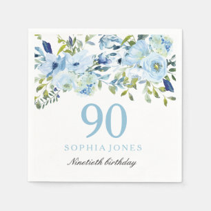 Serviette En Papier Fleurs d'aquarelle bleu ciel 90e fête d'anniversai