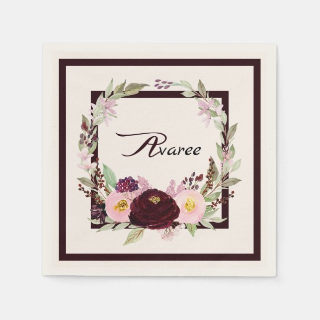 Serviette En Papier Fleurs d'aquarelle bordeaux et roses (Devant)