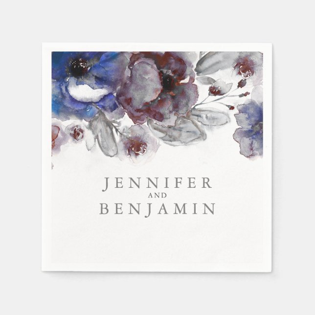 Serviette En Papier Fleurs d'aquarelle marine et bourguignonne (Devant)