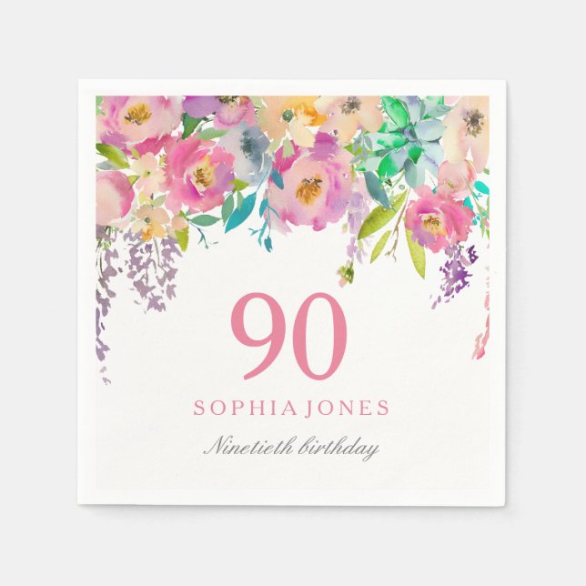 Serviette En Papier Fleurs d'aquarelle Pastel 90e fête d'anniversaire (Devant)