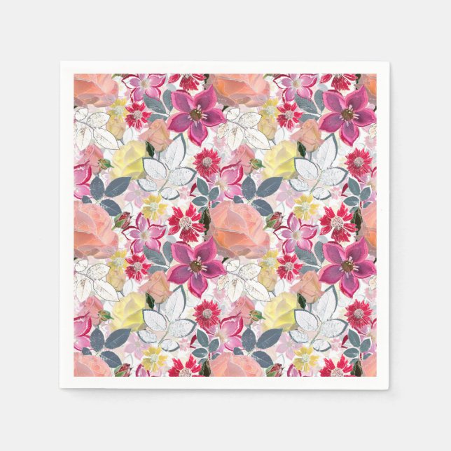 Serviette En Papier Fleurs d'aquarelle rose et rouge. (Devant)