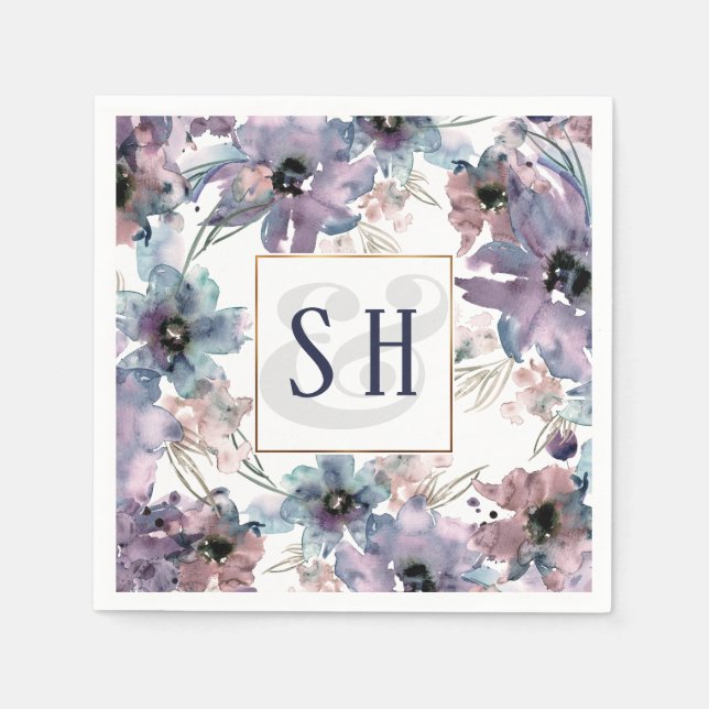 Serviette En Papier Fleurs d'aquarelle violette artistique, Monogramme (Devant)