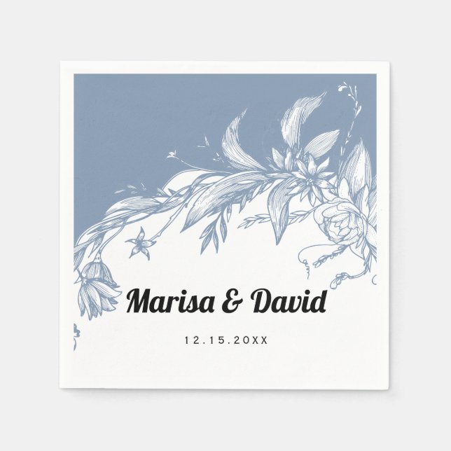 Serviette En Papier Fleurs d'art bleu et blanc foncé mariage (Devant)