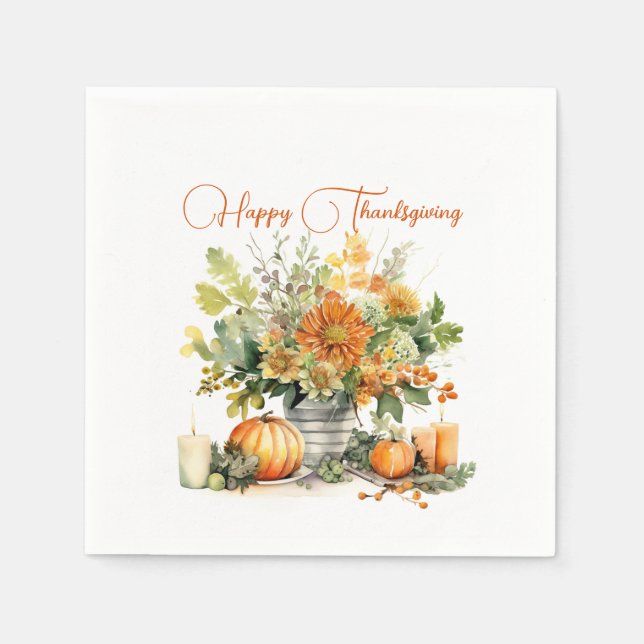 Serviette En Papier Fleurs d'automne avec Citrouille, Bon thanksgiving (Devant)