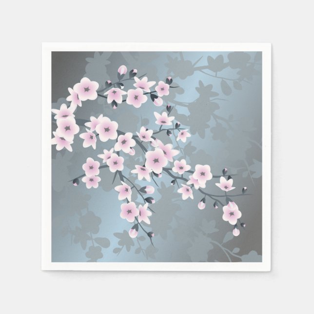 Serviette En Papier Fleurs de cerises bleues rose cendré (Devant)