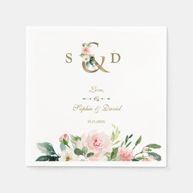 Serviette En Papier Fleurs de crème rose pâle Mariage d'esperluette or (Devant)