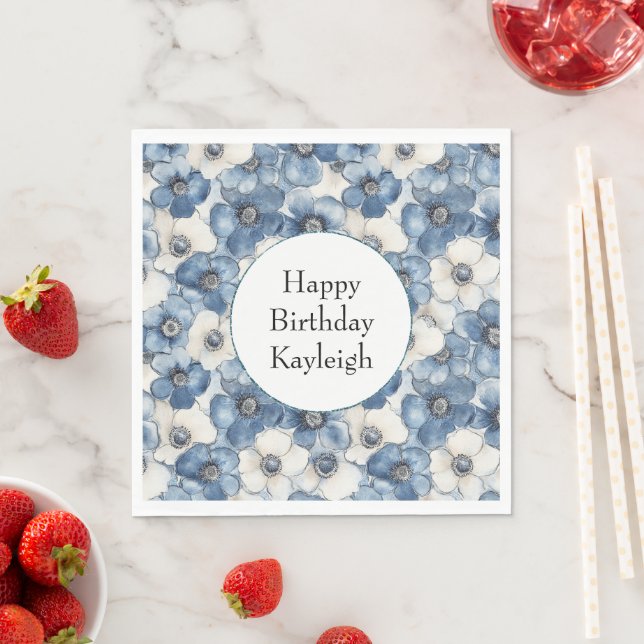 Serviette En Papier Fleurs de Denim Bleu Blanc Anniversaire (En situation)