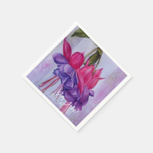 SERVIETTE EN PAPIER FLEURS DE FUSCHIE ROSE ET PURPLE (Coin)