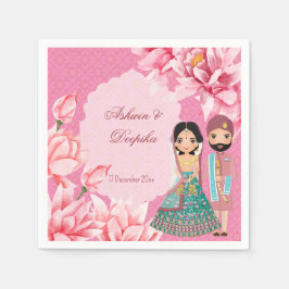 Serviette En Papier Fleurs de lotus roses avec mignon couple de mariés