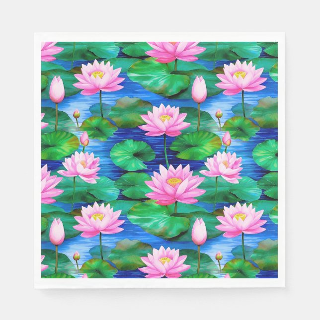 Serviette En Papier Fleurs de Lotus roses sur un étang (Devant)