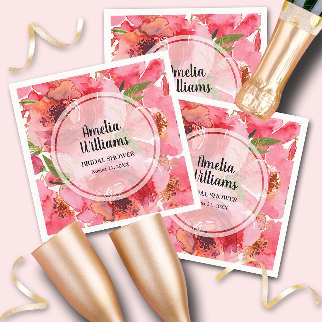 Serviette En Papier Fleurs de pivoines roses à l'aquarelle (Watercolor Pink Peonies Floral Napkins)