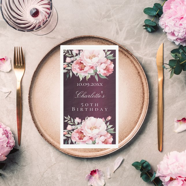 Serviette En Papier Fleurs de roses roses de Bourgogne élégant anniver (Créateur téléchargé)