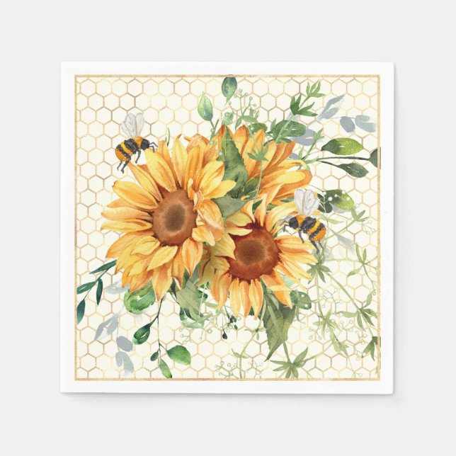 Serviette En Papier Fleurs de soleil et abeilles (Devant)