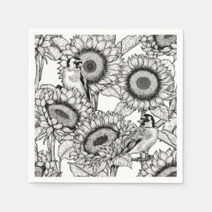 Serviette En Papier Fleurs de soleil et ailerons en noir et blanc