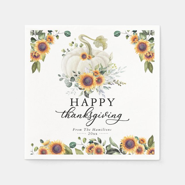 Serviette En Papier Fleurs de soleil vertes Citrouille blanc Thanksgiv (Devant)
