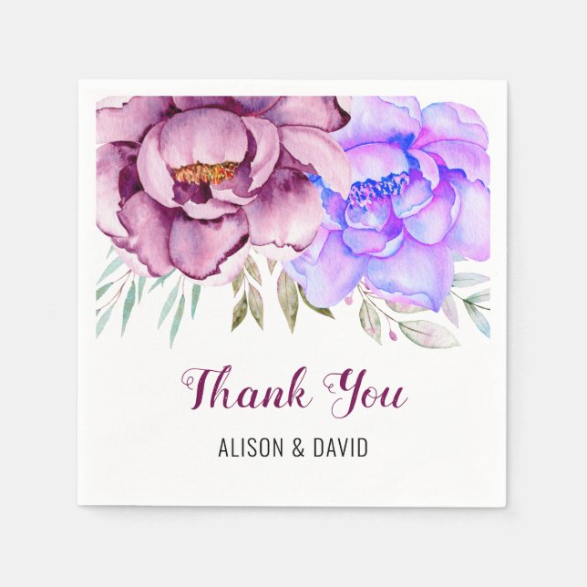 Serviette En Papier Fleurs d'eau violet et bleu mariage fleuri (Devant)