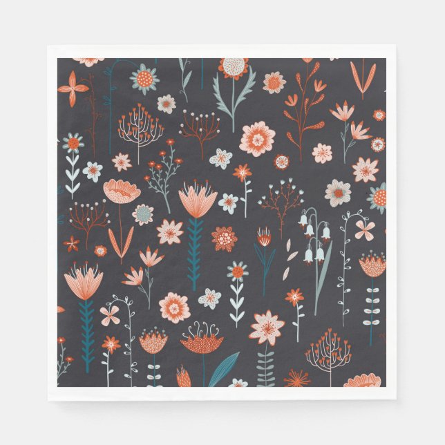 Serviette En Papier Fleurs d'été scandinaves foncées (Devant)