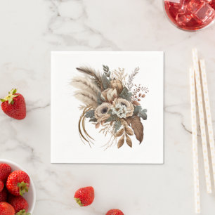 Serviette En Papier Fleurs Élégantes Feuillage et plumes