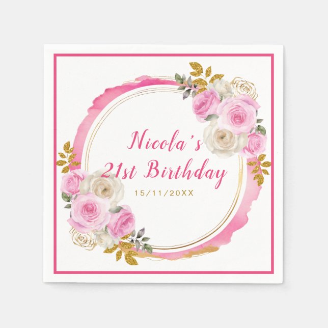 Serviette En Papier Fleurs élégantes roses et or brillantes Anniversai (Devant)