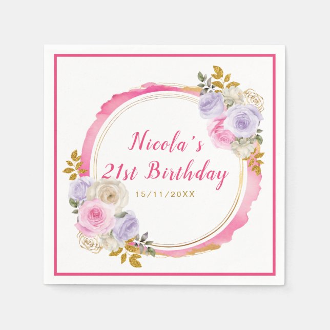Serviette En Papier Fleurs élégantes roses et violettes Anniversaire (Devant)