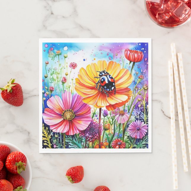 Serviette En Papier Fleurs et coccinelles (En situation)