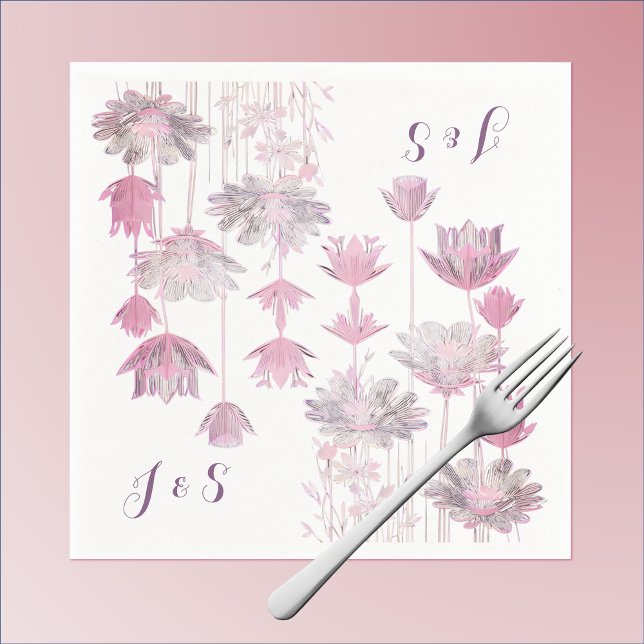 Serviette En Papier Fleurs et initiales roses délicates (Créateur téléchargé)