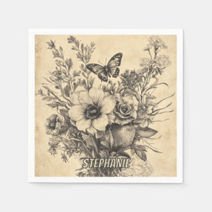 Serviette En Papier Fleurs et papillons rustiques - Papier vieilli (12