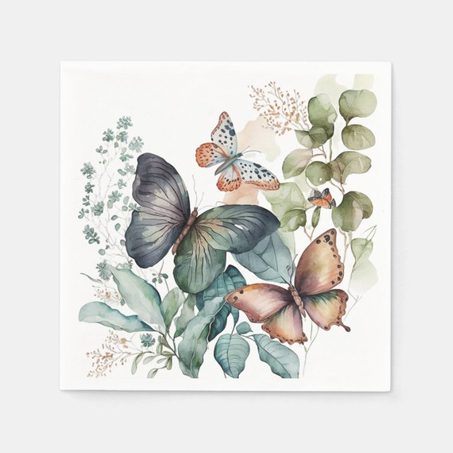 Serviette En Papier Fleurs et papillons verts romantiques (Devant)