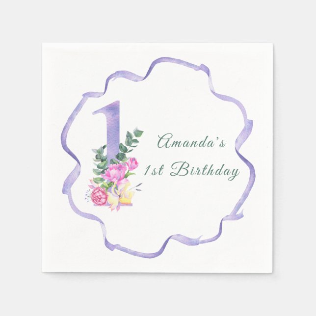 Serviette En Papier Fleurs et ruban Fête du premier anniversaire (Devant)