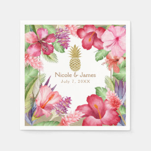 Serviette En Papier Fleurs Exotiques Tropicales & Ananas Doré Élégant