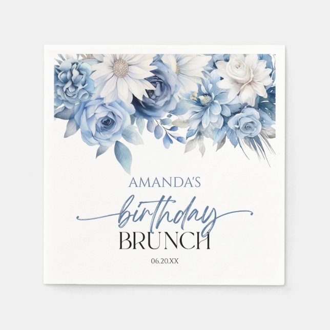 Serviette En Papier Fleurs florales bleu Dusty Anniversaire Brunch Par (Devant)