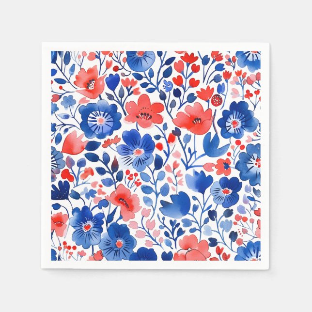 Serviette En Papier Fleurs florales rouge, blanc et bleu (Devant)