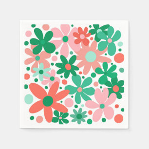 Serviette En Papier Fleurs funky en vert, pêche et corail