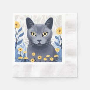 Serviette En Papier Fleurs Jaunes Chat Bleu Russe