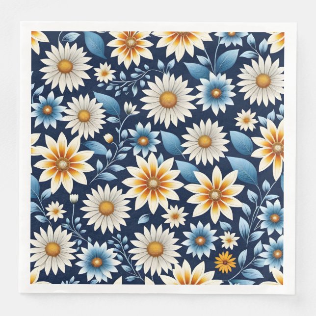 Serviette En Papier Fleurs jaunes et Motif bleu (Devant)