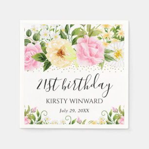 Serviette En Papier Fleurs jaunes et roses d'anniversaire à l'aquarell