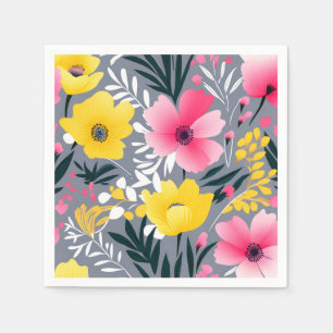Serviette En Papier Fleurs Jaunes Et Roses Vibrantes Sur Gris