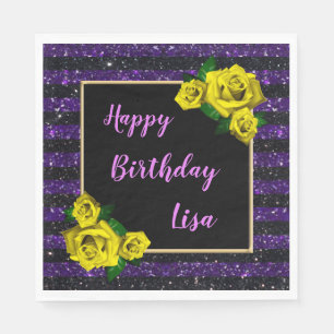 Serviette En Papier Fleurs jaunes rayures paillettes violettes noires