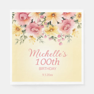 Serviette En Papier Fleurs Jaunes Roses de Printemps 100e Anniversaire
