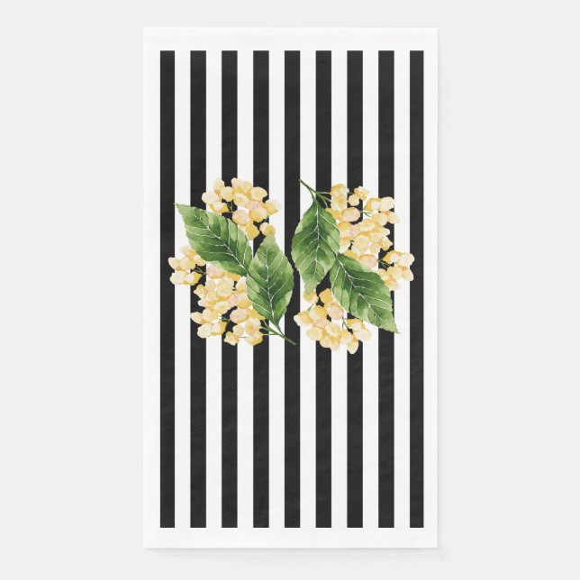 Serviette En Papier Fleurs jaunes sur rayures noir et blanc (Devant)