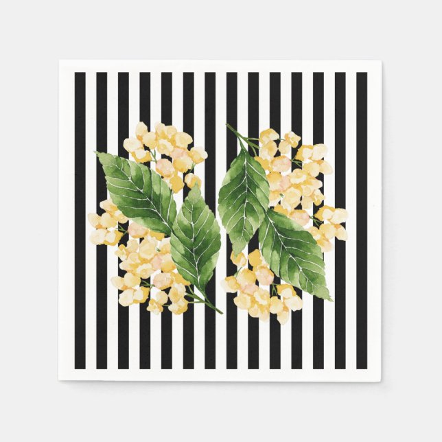 Serviette En Papier Fleurs jaunes sur rayures noir et blanc (Devant)