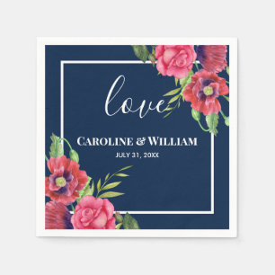 Serviette En Papier Fleurs mariages rouges et roses bleu foncé marine